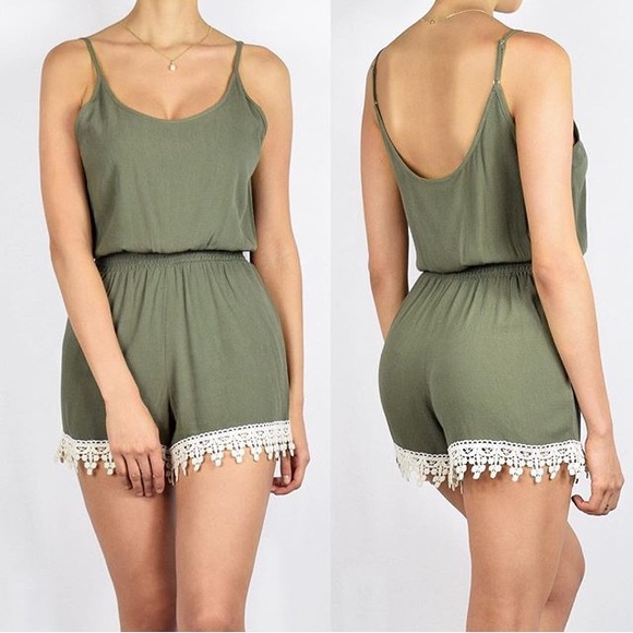 Other - Olive green romper with white crochet trim